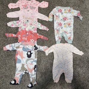 7 piece baby girl footed sleeper onesies and romper bundle lot; Size 0-3 Months